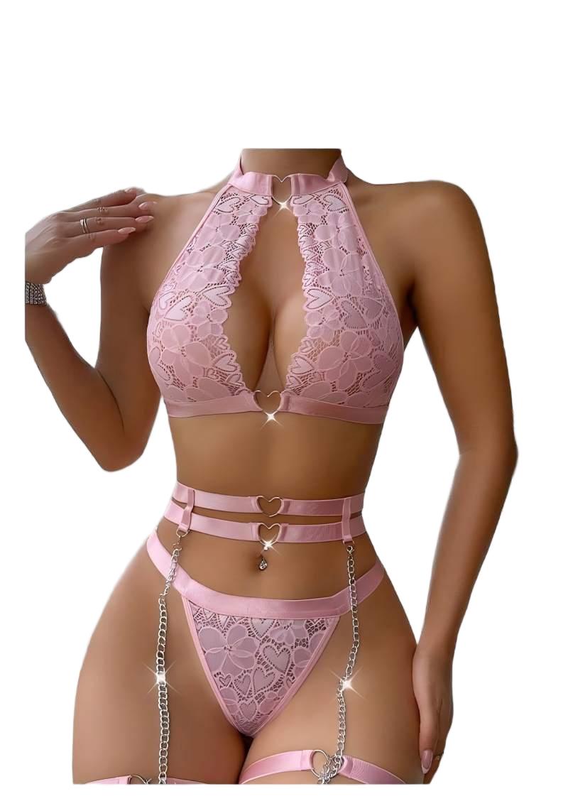 Plunge Bra Push Up - Sexy Dessous-Set mit Push-up-Effekt, Spitzen-Strumpfhalter, Choker,