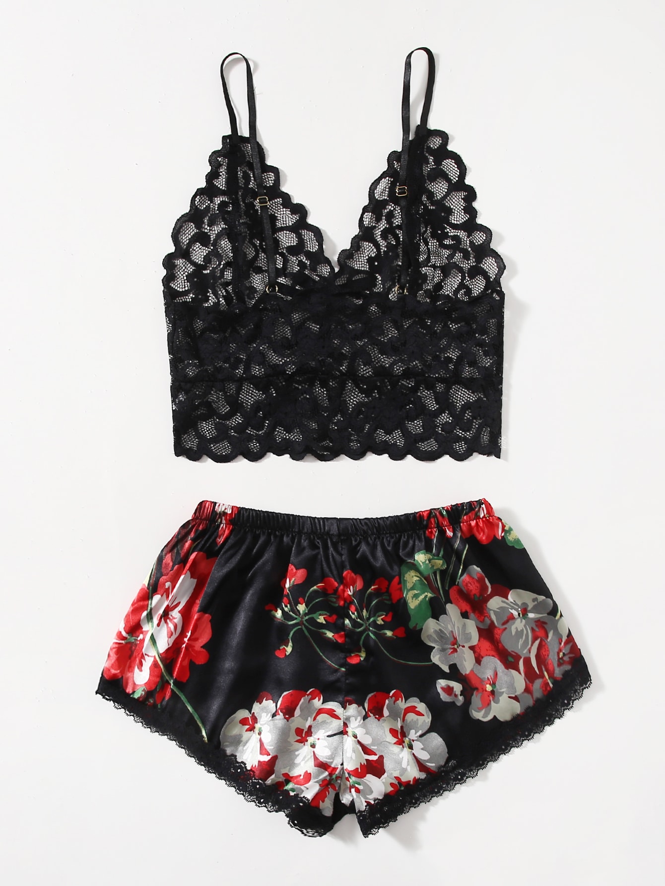 Lace Bralette Set - Pyjama-Set mit floraler Spitze für Damen,