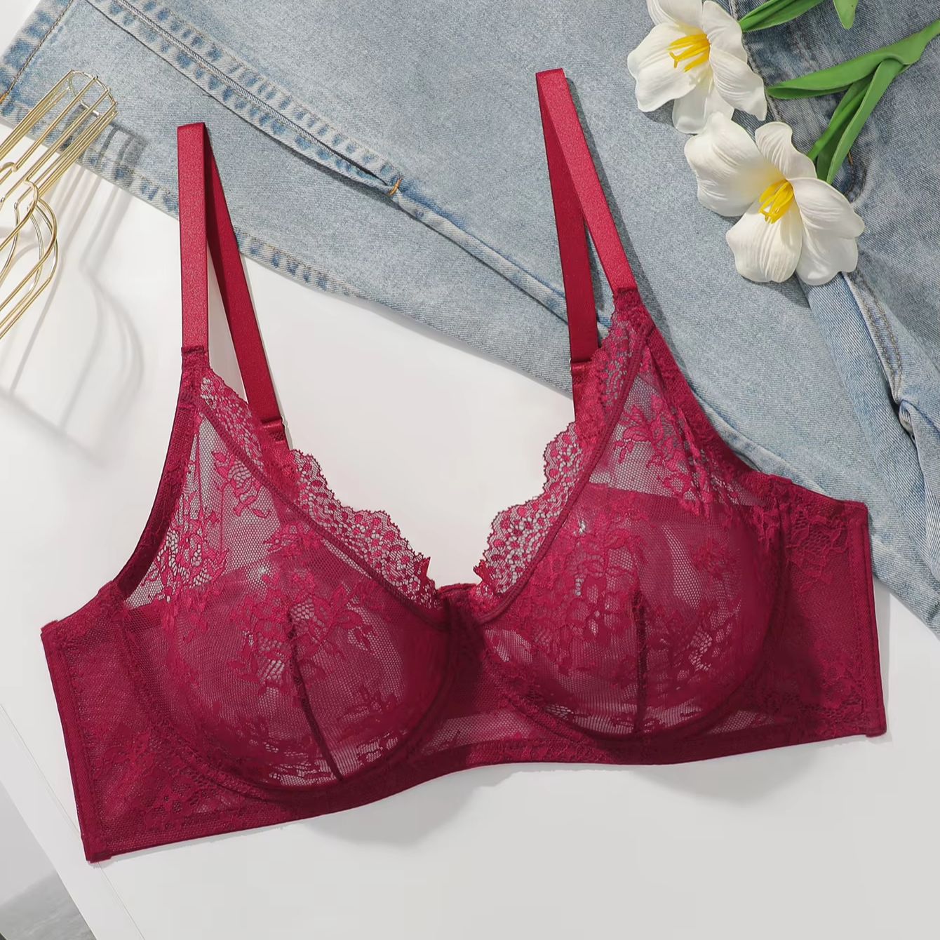 Damen Übergröße Roter Spitzen- – Sheer Bra Lace Bewertung und Preis
